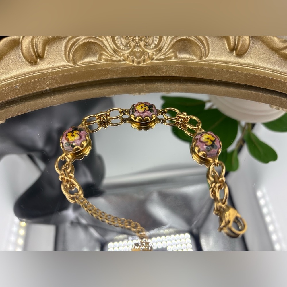 Gold Enamel Floral Charm Bracelet - Picture 3 of 6